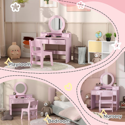 Kids Dressing Table Set with Mirror and Storage for Ages 3-8 - Pink