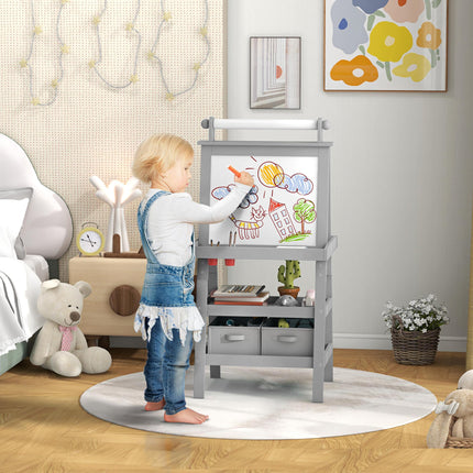 3 in 1 Kids Easel with Magnetic Whiteboard, Chalkboard & Paper Roll - Grey