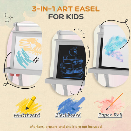 3 in 1 Kids Easel with Magnetic Whiteboard, Chalkboard & Paper Roll - Grey