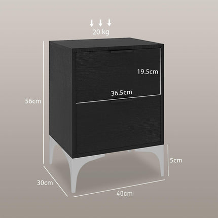 Set of Two Wood Effect Bedside Tables with Silver Tone Steel Base, Black