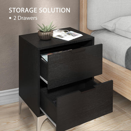 Set of Two Wood Effect Bedside Tables with Silver Tone Steel Base, Black