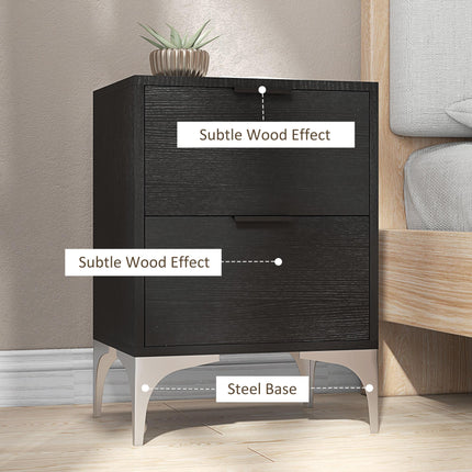 Set of Two Wood Effect Bedside Tables with Silver Tone Steel Base, Black