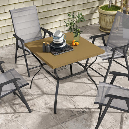 Four-Seater Steel Garden Table with Parasol Hole 80cm Square - Brown/Black