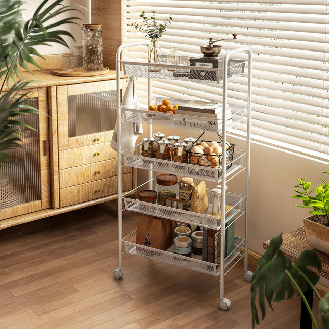 Five-Steel Mesh Basket Storage Trolley, with Wheels - White