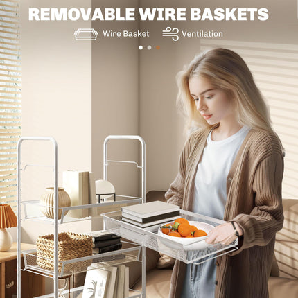 Five-Steel Mesh Basket Storage Trolley, with Wheels - White