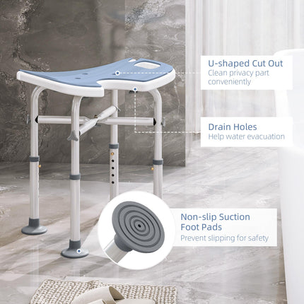Adjustable 39-51.5cm 'U' Seat Padded Shower Stool with Suction Feet - Light Blue