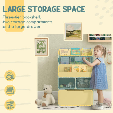 Kids Bookshelf with Storage Drawer and Wheels for Children 3-12 Years - Green