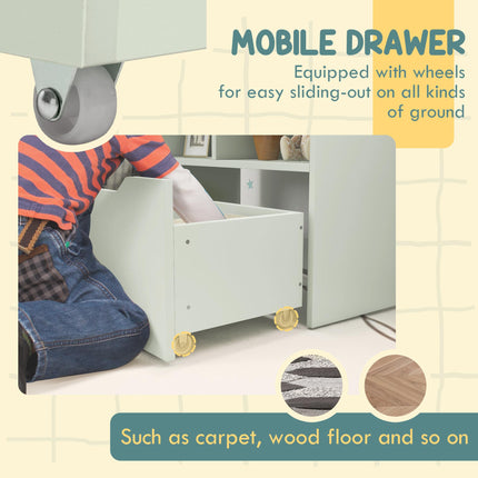 Kids Bookshelf with Storage Drawer and Wheels for Children 3-12 Years - Green