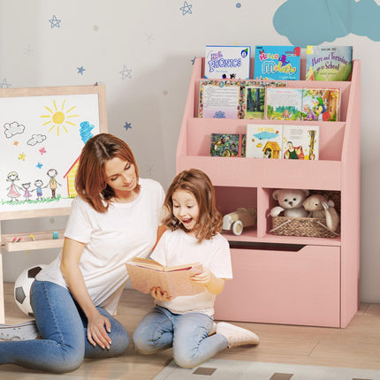 Kids Bookshelf with Storage Drawer and Wheels - Pink