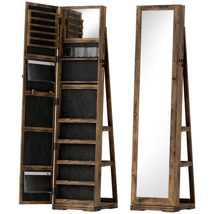 360° Swivel Lockable Jewellery Cabinet with Full-Length Mirror and Built-In Small Mirror - Rustic Brown