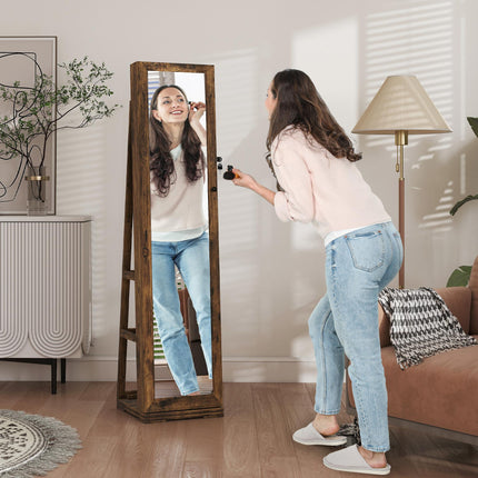 360° Swivel Lockable Jewellery Cabinet with Full-Length Mirror and Built-In Small Mirror - Rustic Brown