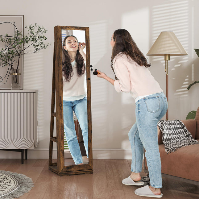 360° Swivel Lockable Jewellery Cabinet with Full-Length Mirror and Built-In Small Mirror - Rustic Brown