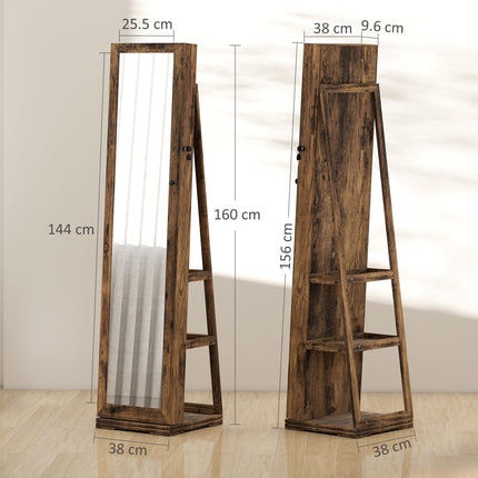 360° Swivel Lockable Jewellery Cabinet with Full-Length Mirror and Built-In Small Mirror - Rustic Brown