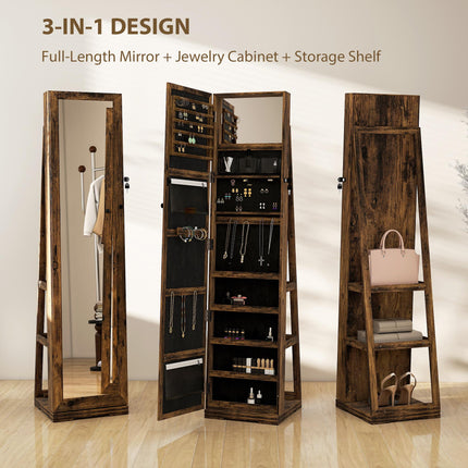 360° Swivel Lockable Jewellery Cabinet with Full-Length Mirror and Built-In Small Mirror - Rustic Brown