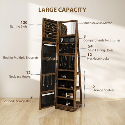 360° Swivel Lockable Jewellery Cabinet with Full-Length Mirror and Built-In Small Mirror - Rustic Brown