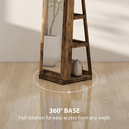 360° Swivel Lockable Jewellery Cabinet with Full-Length Mirror and Built-In Small Mirror - Rustic Brown