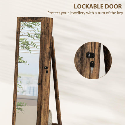 360° Swivel Lockable Jewellery Cabinet with Full-Length Mirror and Built-In Small Mirror - Rustic Brown