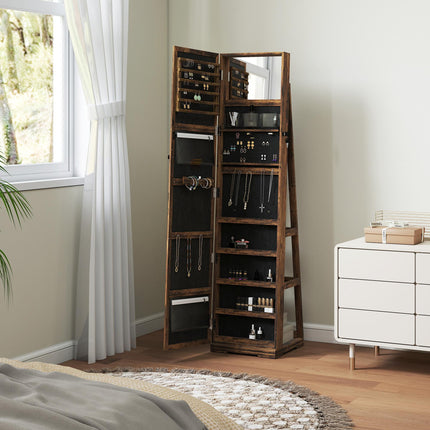 360° Swivel Lockable Jewellery Cabinet with Full-Length Mirror and Built-In Small Mirror - Rustic Brown