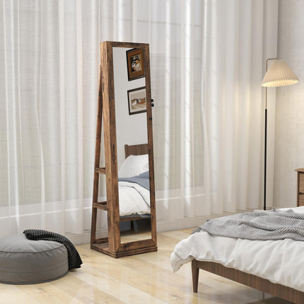 360° Swivel Lockable Jewellery Cabinet with Full-Length Mirror and Built-In Small Mirror - Rustic Brown