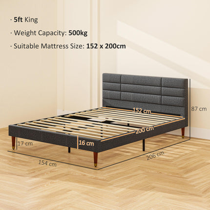 Upholstered King Bed Frame 154W x 206D x 87Hcm with Slats - Grey