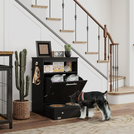 Pet Feeder Station, Dog, Cat Storage Container, with Raised Bowls, Hanger, Cabin