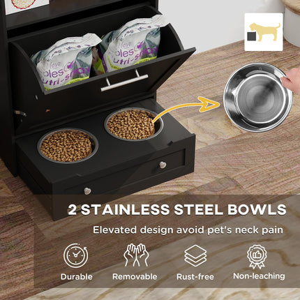 Pet Feeder Station, Dog, Cat Storage Container, with Raised Bowls, Hanger, Cabin
