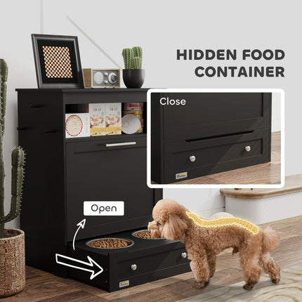 Pet Feeder Station, Dog, Cat Storage Container, with Raised Bowls, Hanger, Cabin