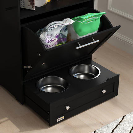Pet Feeder Station, Dog, Cat Storage Container, with Raised Bowls, Hanger, Cabin
