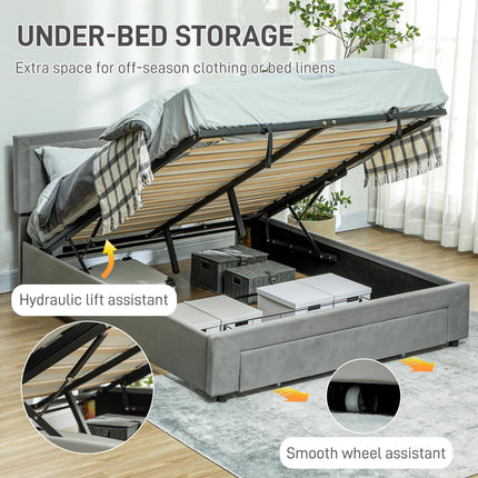 King Size Ottoman Bed Frame with Front Drawer Storage - Grey