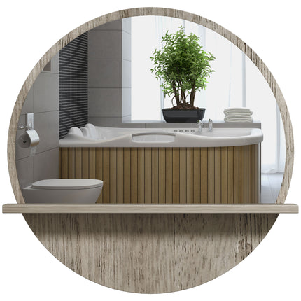 45cm Round Wall Mirror with Shelf - Grey Wood Effect