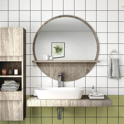 45cm Round Wall Mirror with Shelf - Grey Wood Effect