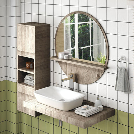 45cm Round Wall Mirror with Shelf - Grey Wood Effect