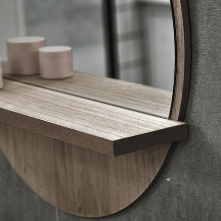 45cm Round Wall Mirror with Shelf - Grey Wood Effect