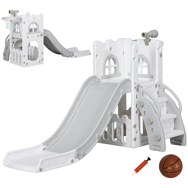 5 in 1 Toddler Slide with Basketball Hoop, Climber, Telescope, Storage Basket, for Ages 1-3 Years, Grey