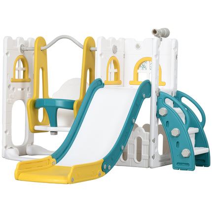 6-in-1 Kids Swing and Slide Playground Set with Basketball Hoop, Telescope, Storage - Yellow