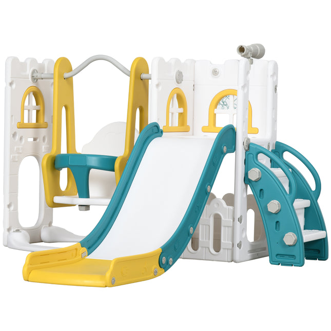 6-in-1 Kids Swing and Slide Playground Set with Basketball Hoop, Telescope, Storage - Yellow