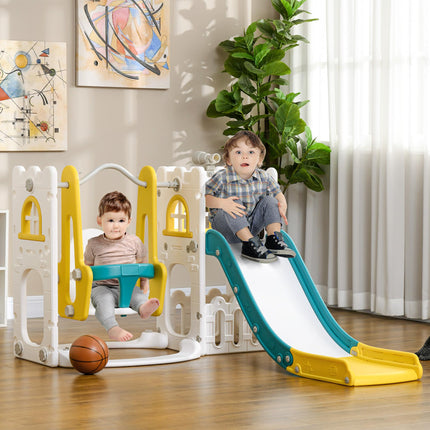 6-in-1 Kids Swing and Slide Playground Set with Basketball Hoop, Telescope, Storage - Yellow