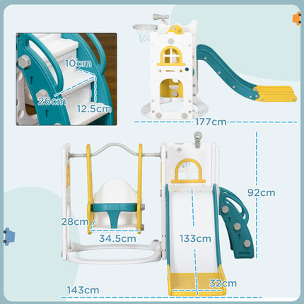 6-in-1 Kids Swing and Slide Playground Set with Basketball Hoop, Telescope, Storage - Yellow