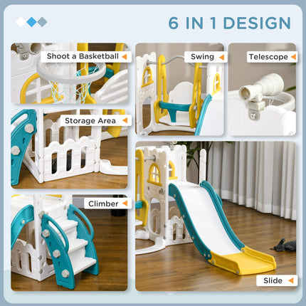6-in-1 Kids Swing and Slide Playground Set with Basketball Hoop, Telescope, Storage - Yellow