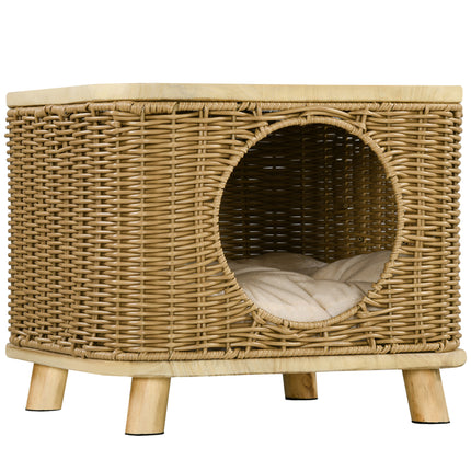 Elevated Wicker Cat House with Washable Cushion for Cats Under 3kg - Light Brown