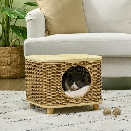 Elevated Wicker Cat House with Washable Cushion for Cats Under 3kg - Light Brown