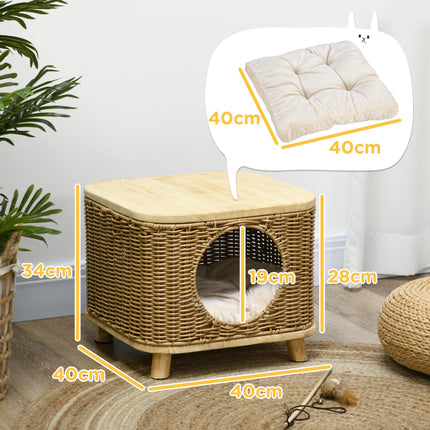 Elevated Wicker Cat House with Washable Cushion for Cats Under 3kg - Light Brown