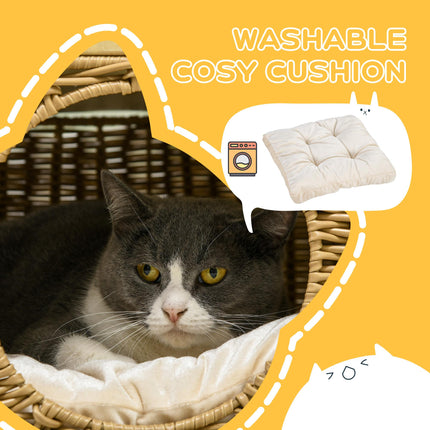 Elevated Wicker Cat House with Washable Cushion for Cats Under 3kg - Light Brown