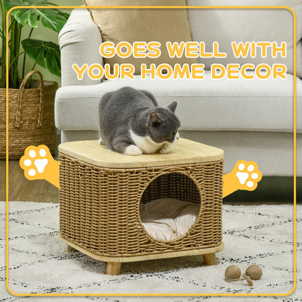 Elevated Wicker Cat House with Washable Cushion for Cats Under 3kg - Light Brown