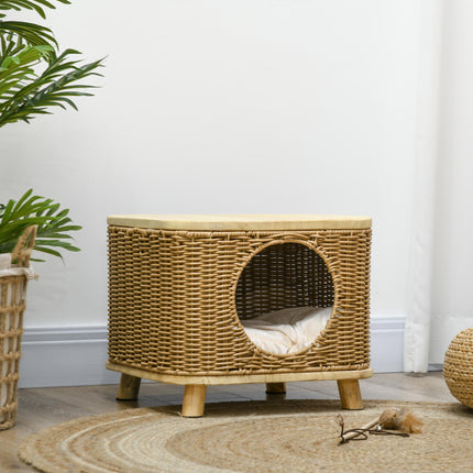 Elevated Wicker Cat House with Washable Cushion for Cats Under 3kg - Light Brown