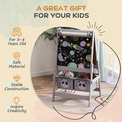 3 in 1 Kids Easel with Paper Roll and Storage Baskets for Ages 3-8 - Grey