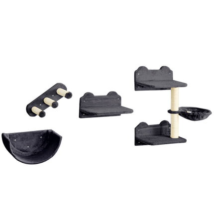 4PC Wall-Mounted Cat Shelves with Scratching Post, Hammock & Nest - Dark Grey