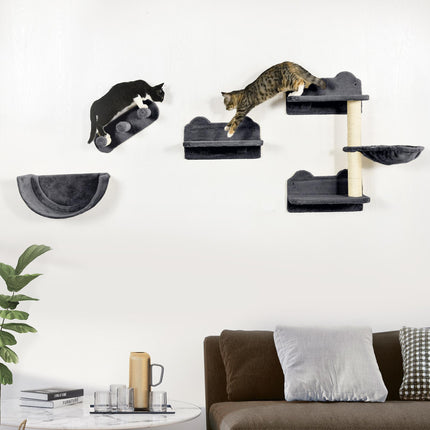 4PC Wall-Mounted Cat Shelves with Scratching Post, Hammock & Nest - Dark Grey