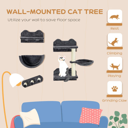 4PC Wall-Mounted Cat Shelves with Scratching Post, Hammock & Nest - Dark Grey
