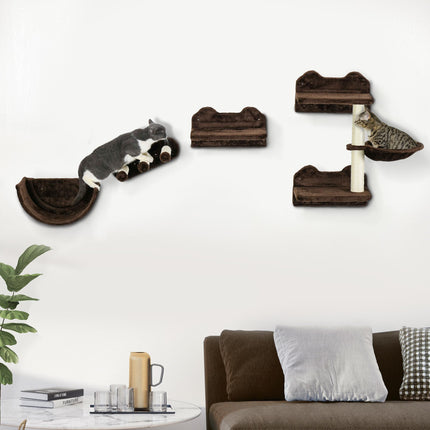 4PC Wall-Mounted Cat Shelves with Scratching Post, Hammock & Nest - Brown